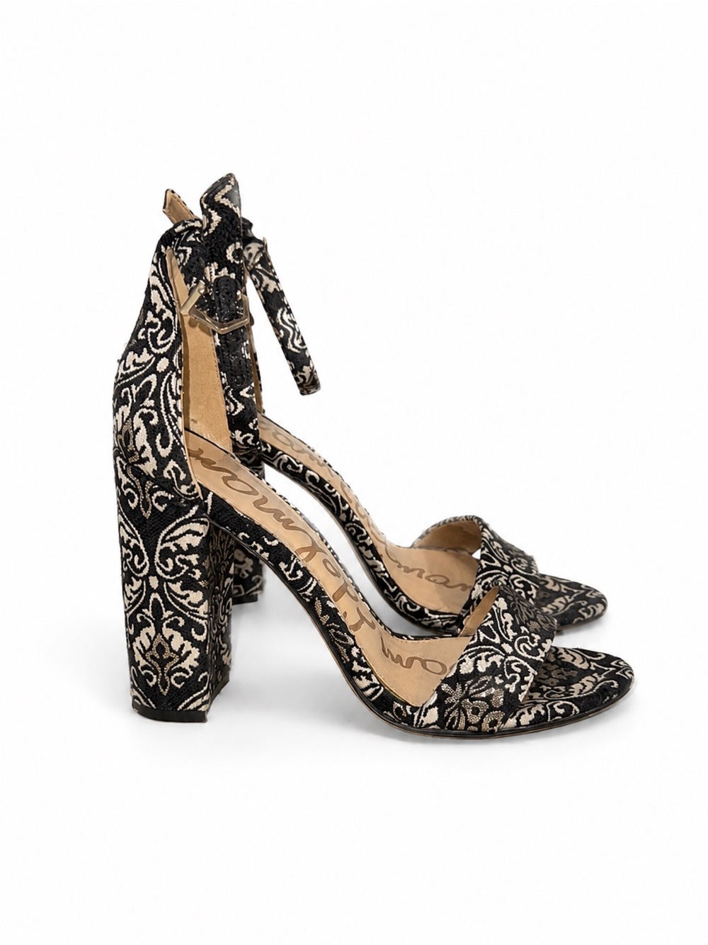Sam Edelman Black and Gold Patterned Block Heel Sandals